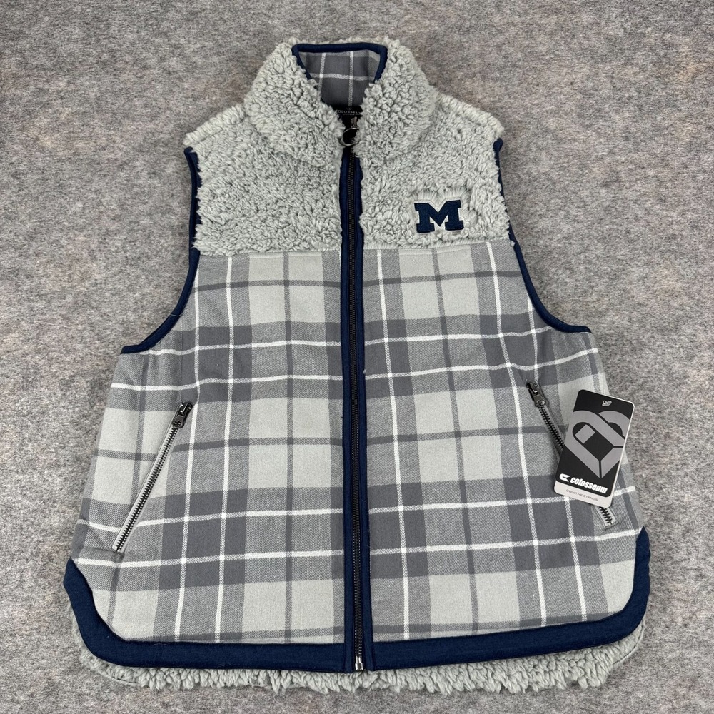Colosseum Michigan Wolverines Matilda Vest Sherpa Fleece Plaid Gray Womens M
